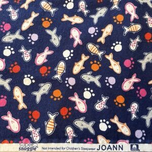 Super Snuggle Fish And Paws Cotton Flannel Fabric 40" x 35" Blue Multi Remnant